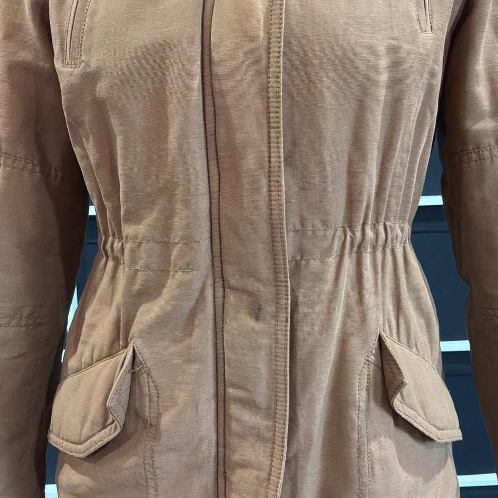 American Eagle Tan Utility Parka Jacket Sherpa Lined Faux Fur Hood Womens XS - Picture 4 of 7